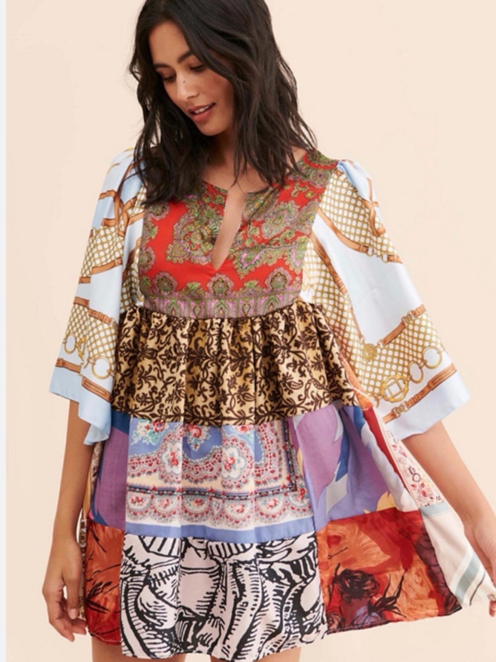 Anthropologie Multi-Print Patchwork Tunic - Red, Blue, Purple, Brown